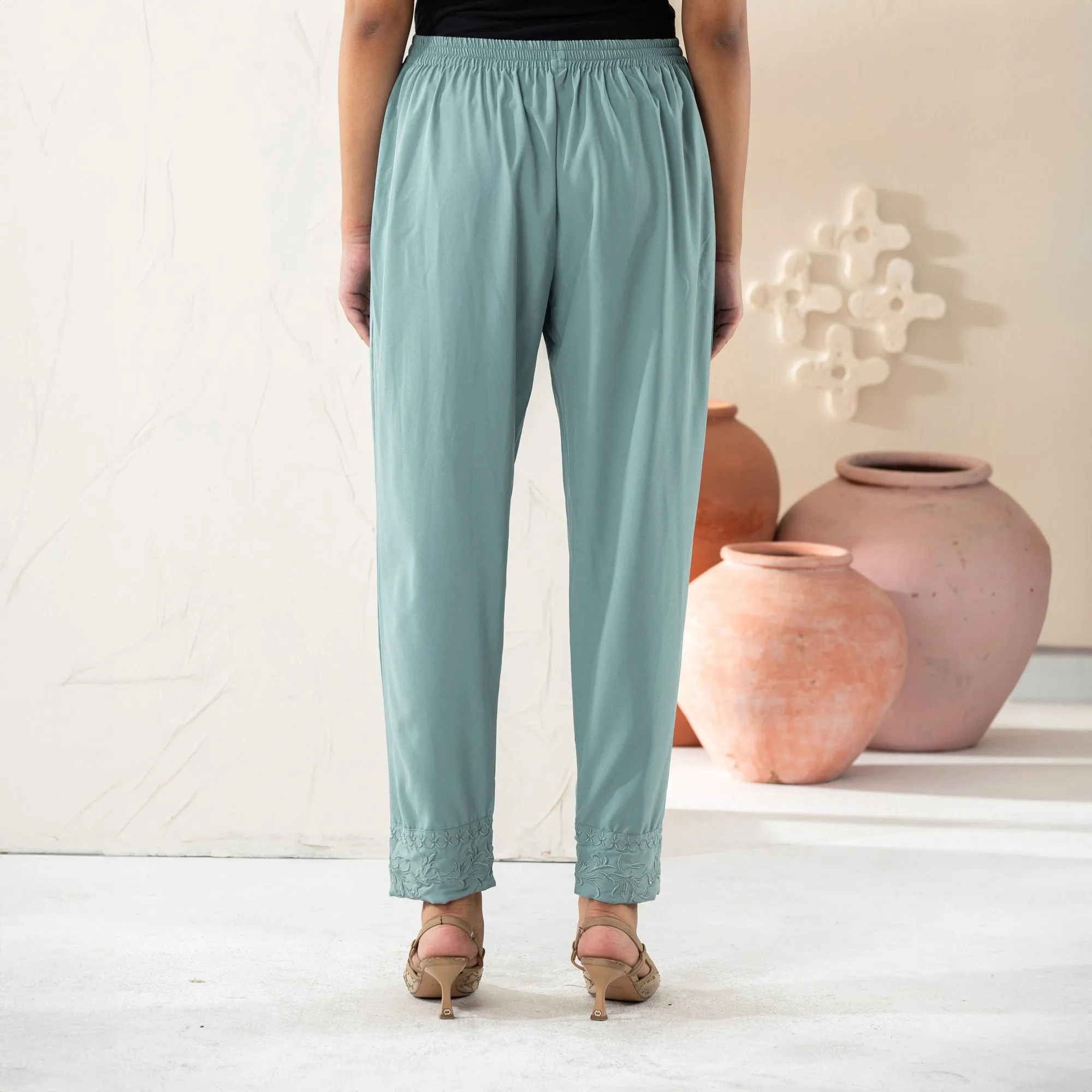 Women Sage Green Embroidered Bottom