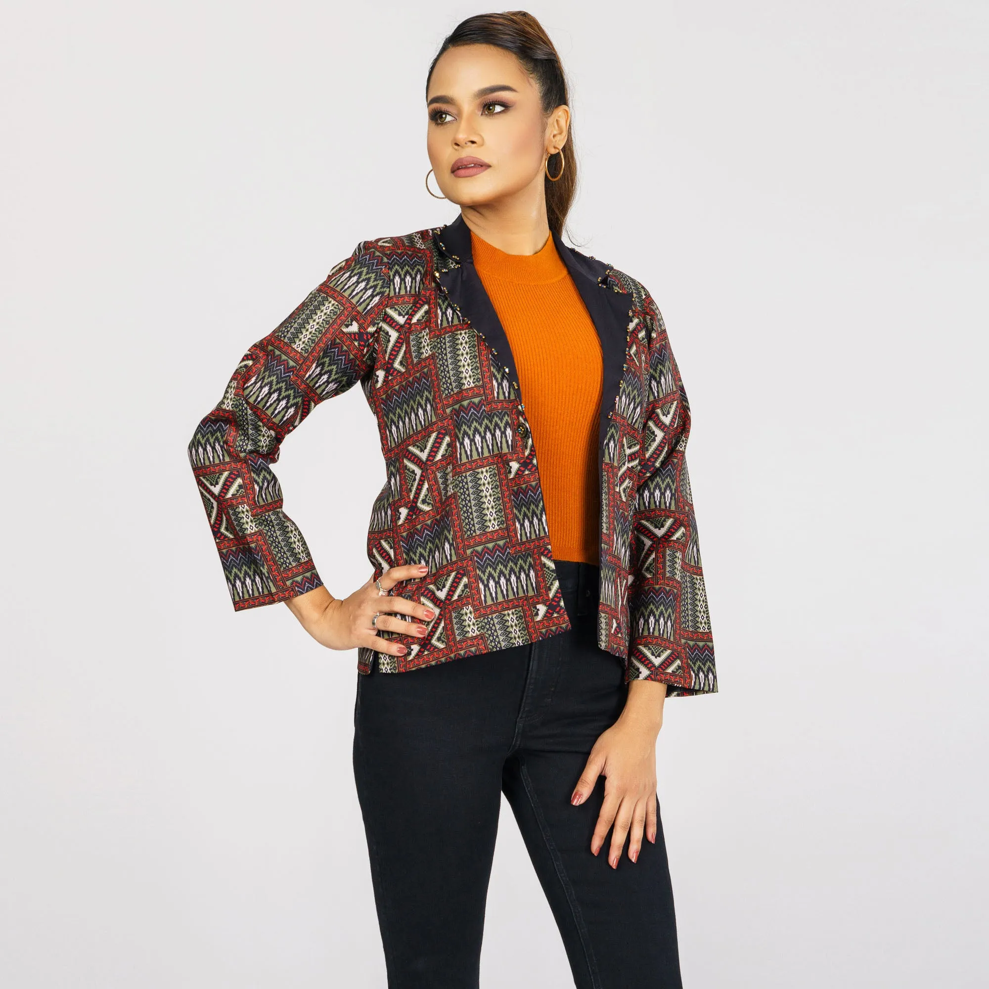 Womens Black & Olive Ethnic Jacket