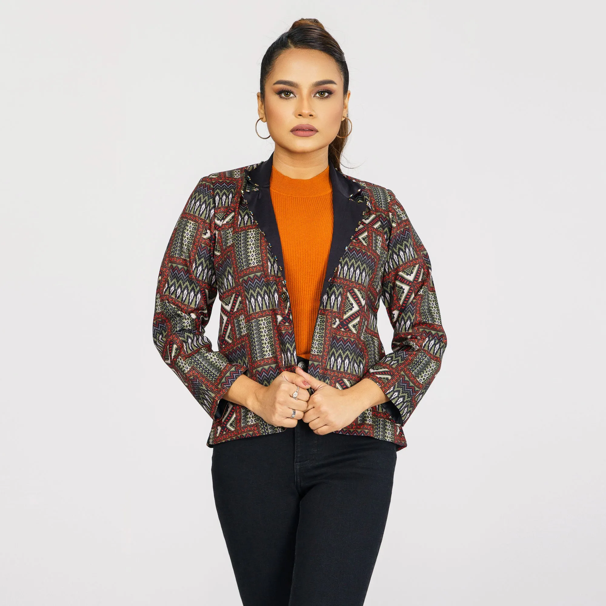 Womens Black & Olive Ethnic Jacket