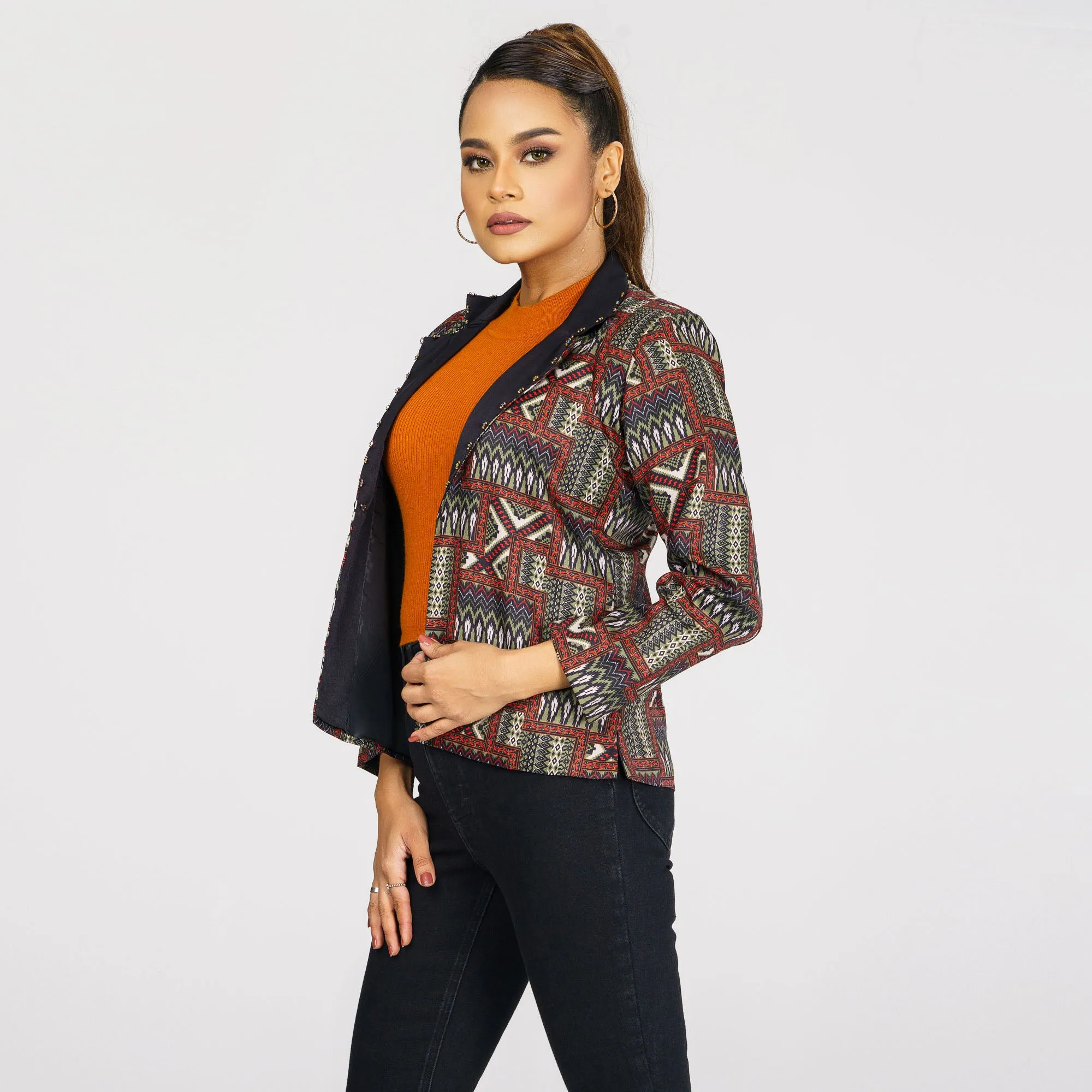Womens Black & Olive Ethnic Jacket