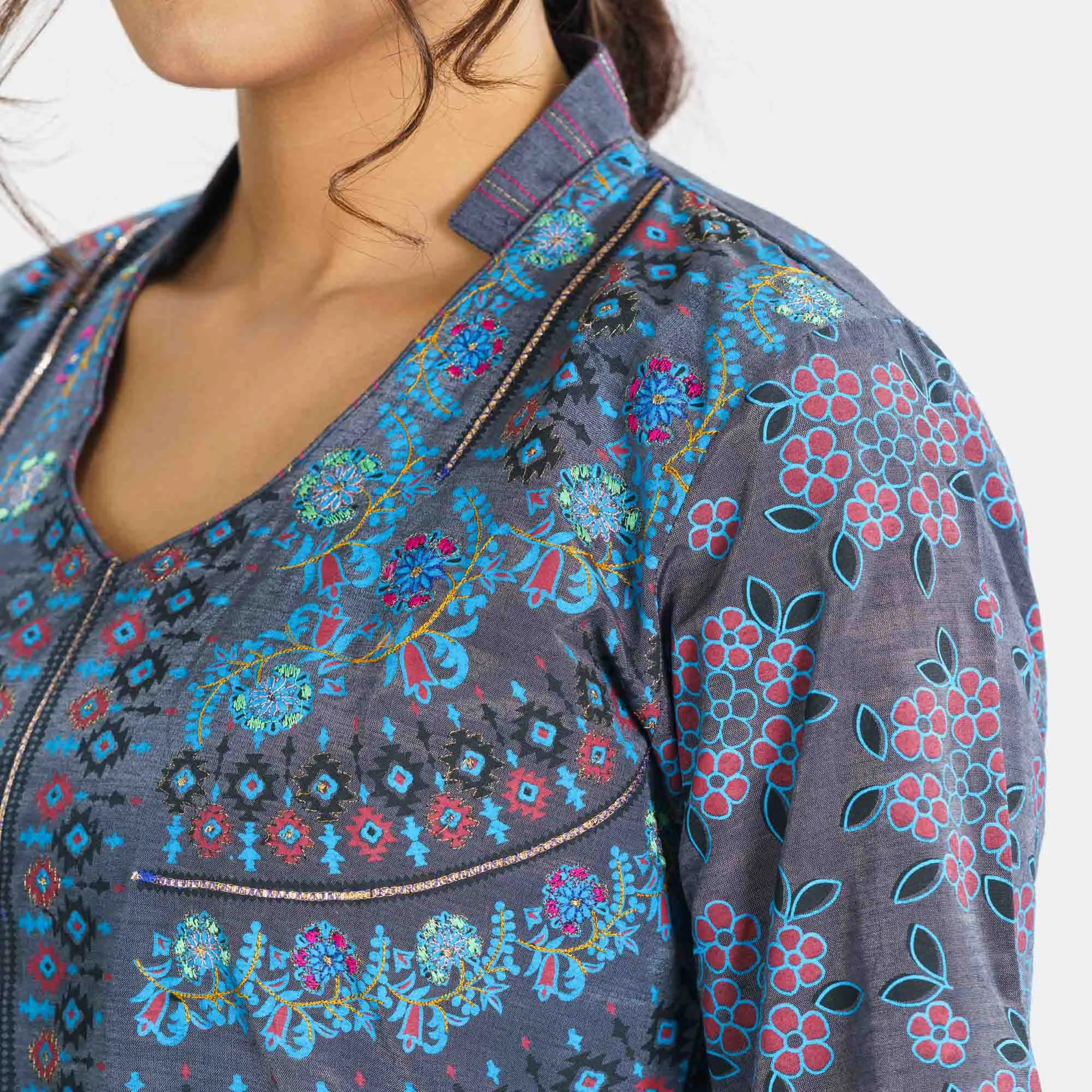 Womens Bluish Grey 3-Piece Ethnic Set