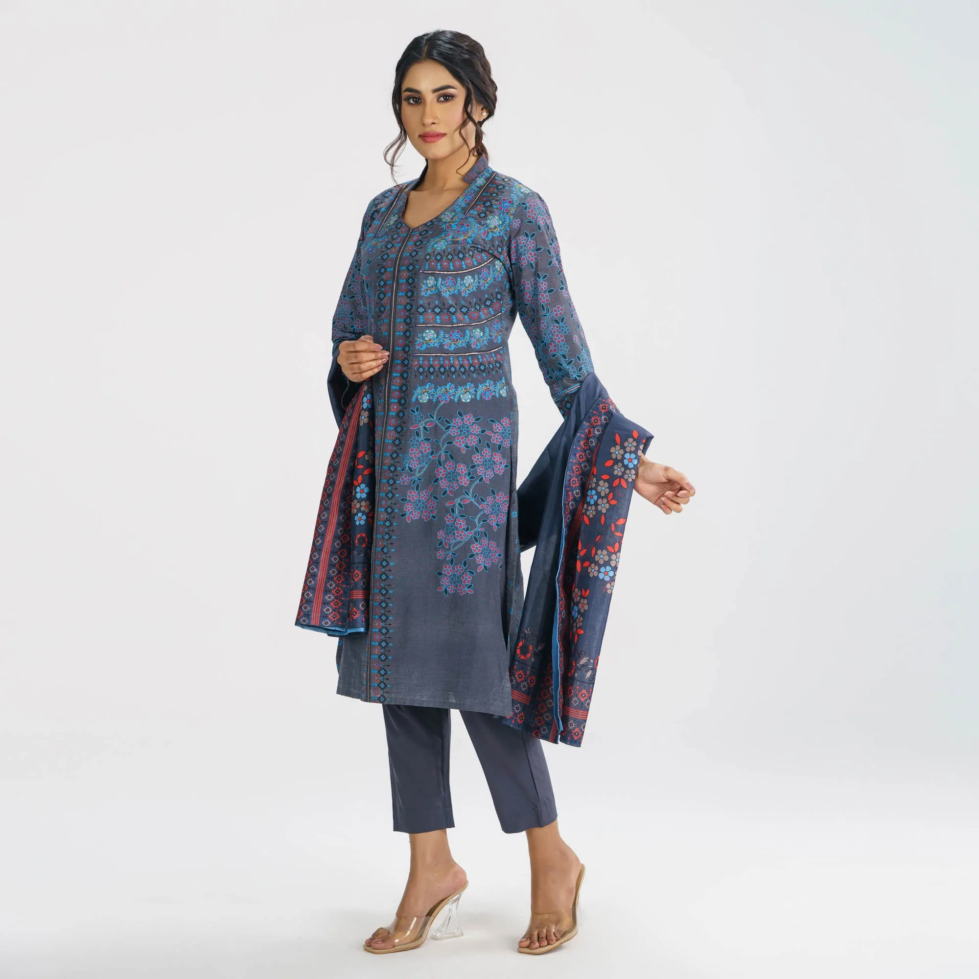 Womens Bluish Grey 3-Piece Ethnic Set