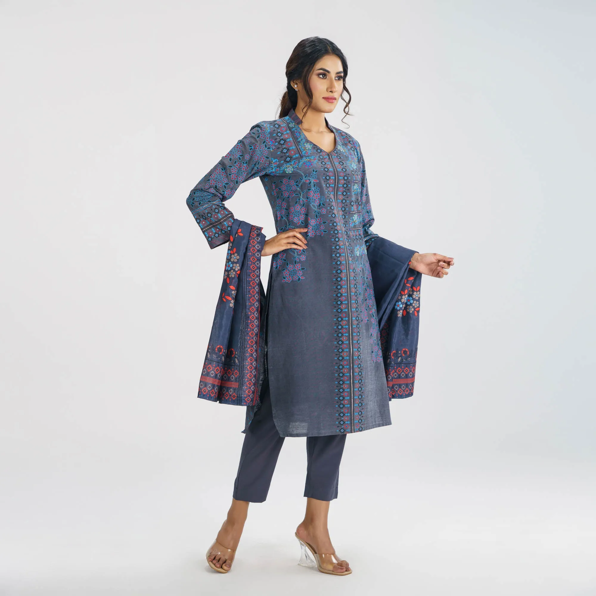 Womens Bluish Grey 3-Piece Ethnic Set