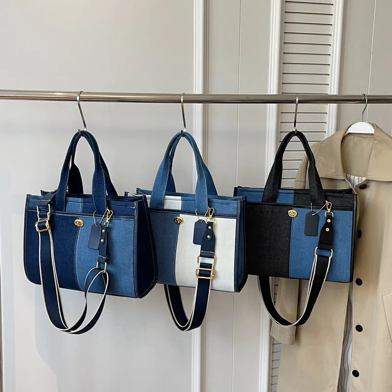 Women's Denim Fashion Color Contrast Stitching Commute Shoulder Bags