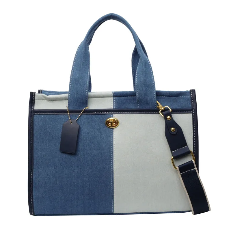 Women's Denim Fashion Color Contrast Stitching Commute Shoulder Bags