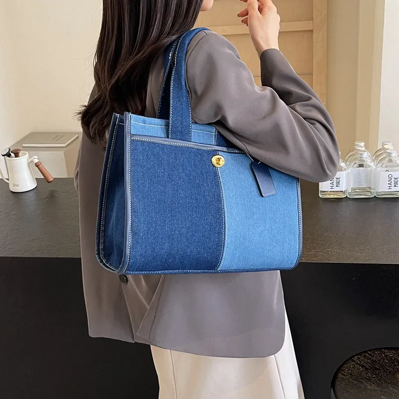 Women's Denim Fashion Color Contrast Stitching Commute Shoulder Bags