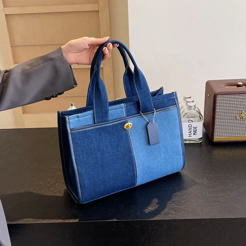 Women's Denim Fashion Color Contrast Stitching Commute Shoulder Bags