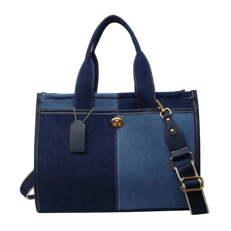 Women's Denim Fashion Color Contrast Stitching Commute Shoulder Bags