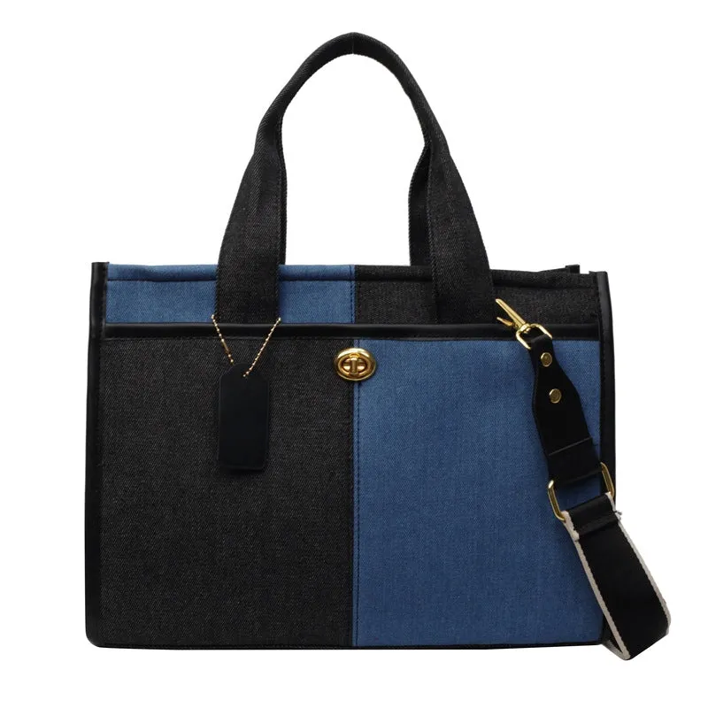 Women's Denim Fashion Color Contrast Stitching Commute Shoulder Bags