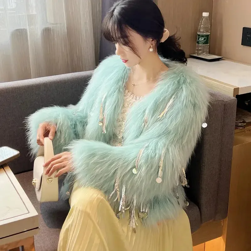 Women's Faux Fur Blue Sequin Tassel Jacket
