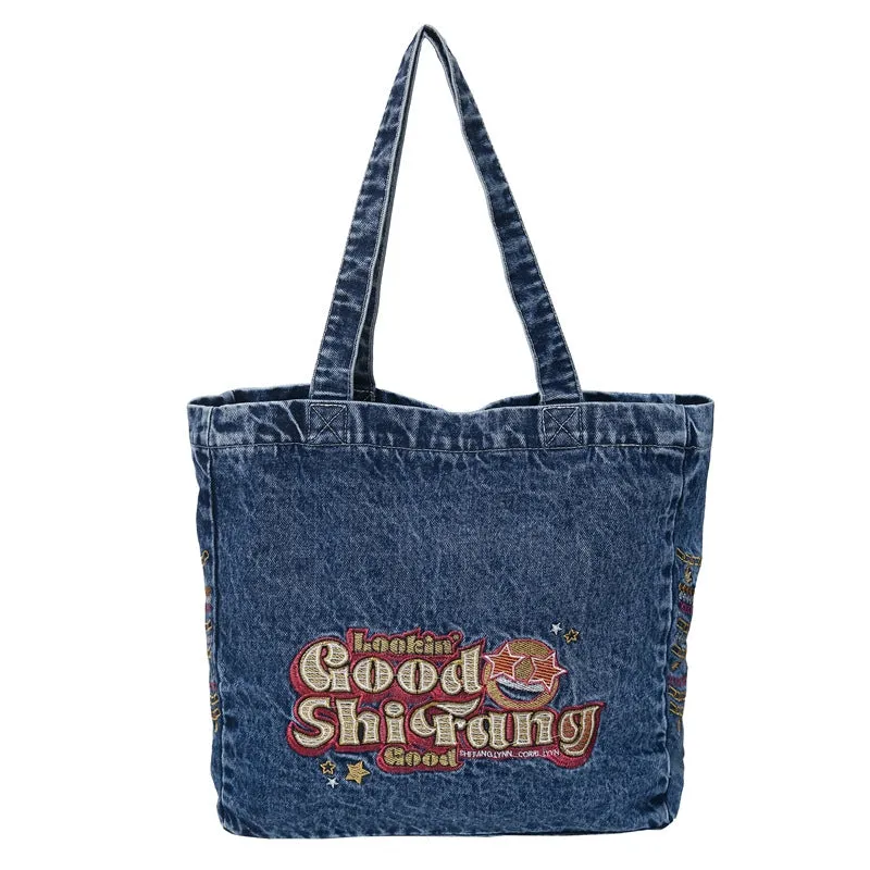 Women's Large Capacity Canvas Washed Denim Commuter Shoulder Bags