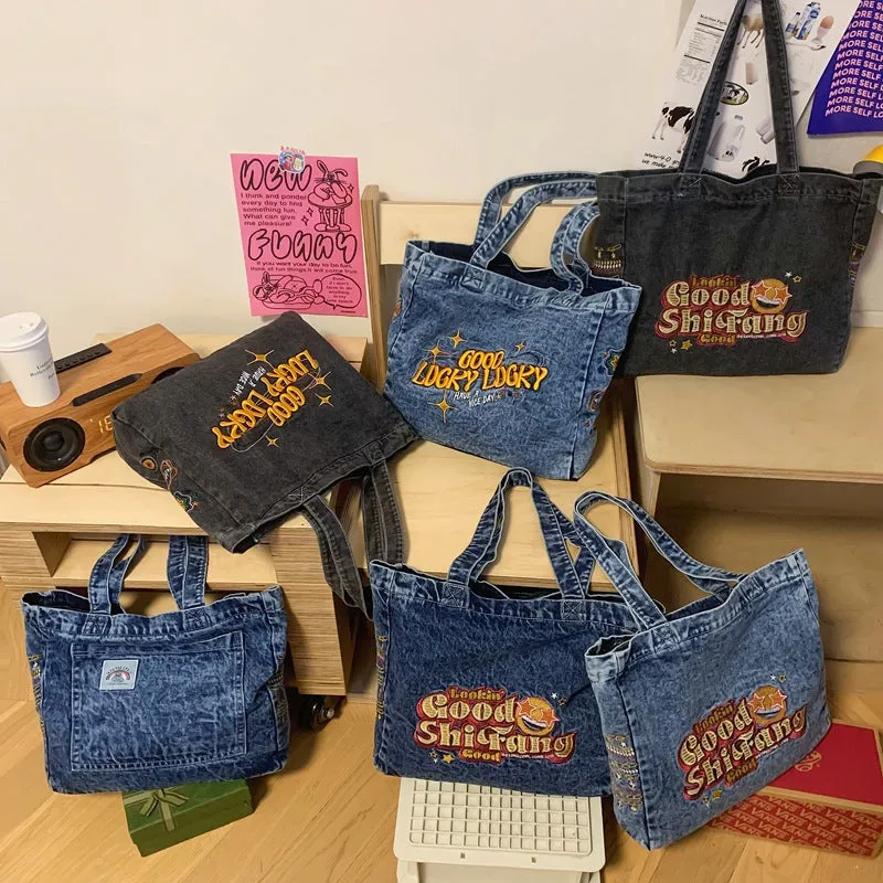 Women's Large Capacity Canvas Washed Denim Commuter Shoulder Bags