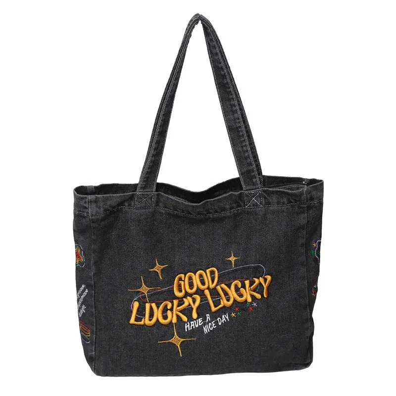 Women's Large Capacity Canvas Washed Denim Commuter Shoulder Bags