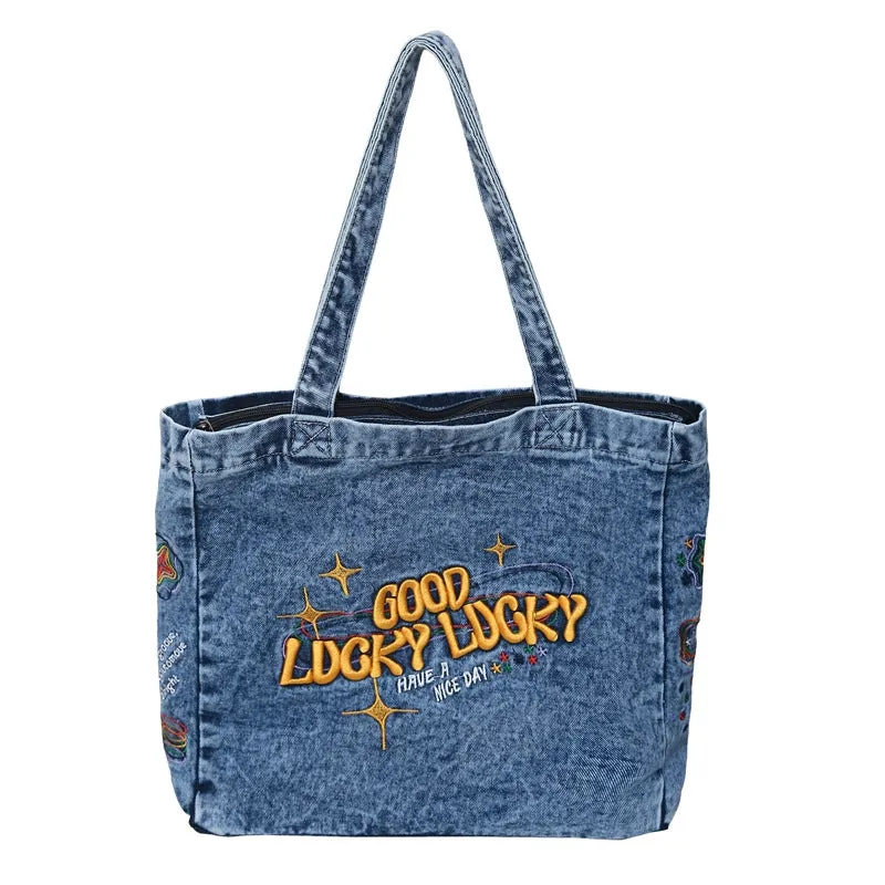 Women's Large Capacity Canvas Washed Denim Commuter Shoulder Bags