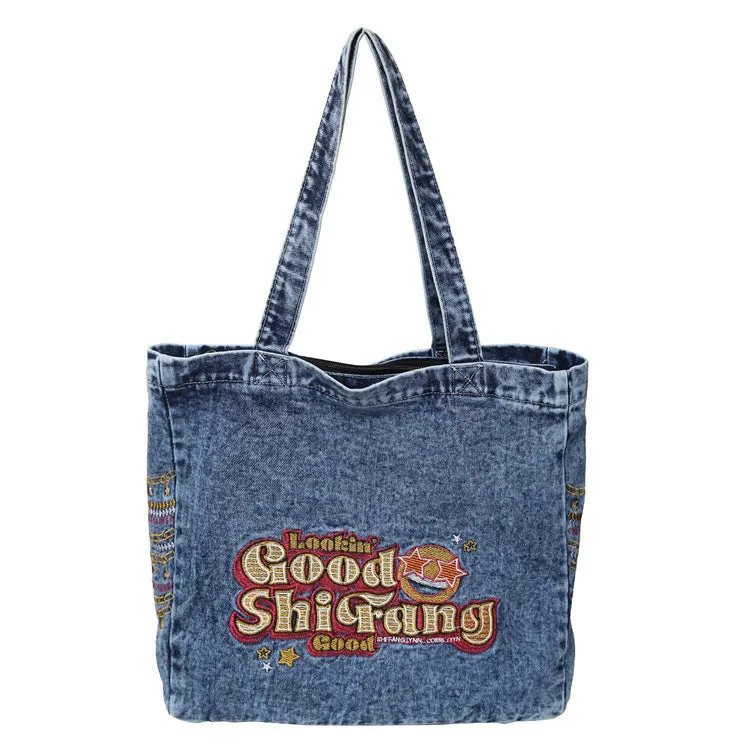 Women's Large Capacity Canvas Washed Denim Commuter Shoulder Bags