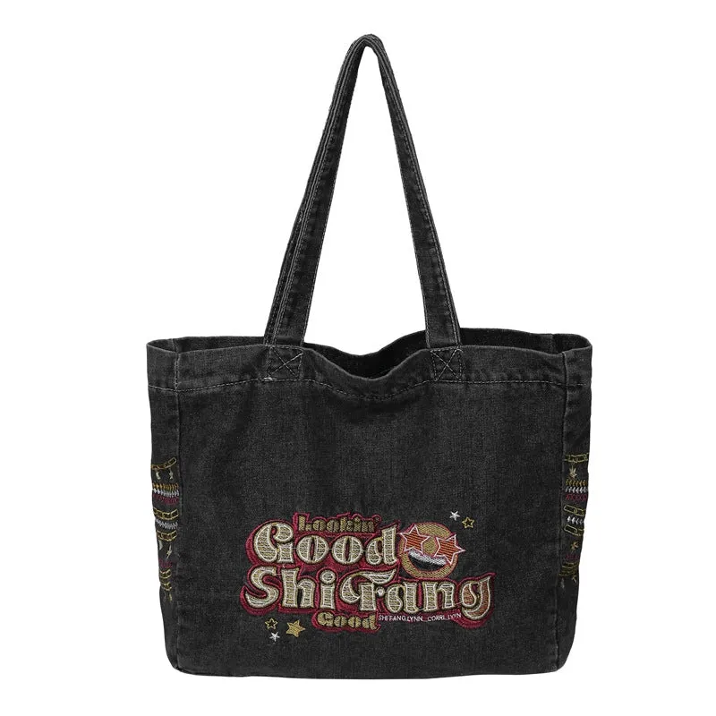 Women's Large Capacity Canvas Washed Denim Commuter Shoulder Bags