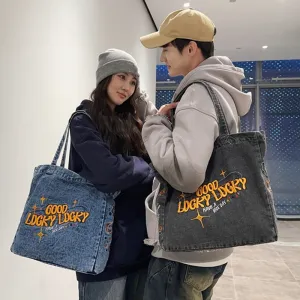 Women's Large Capacity Canvas Washed Denim Commuter Shoulder Bags