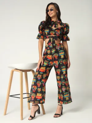 Women's Quirky Owl Printed Fusion Crop Top With Matching Pants Set