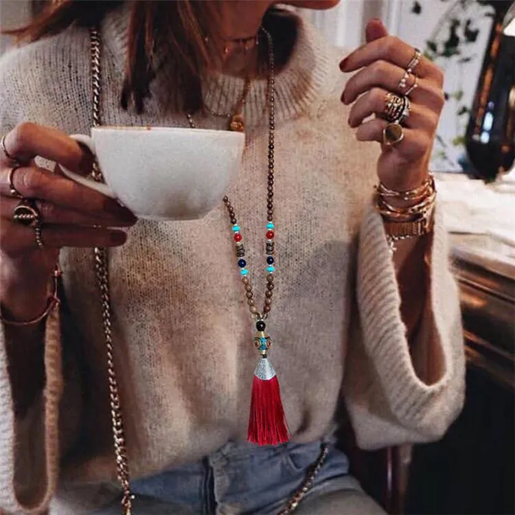 Women's Retro Ethnic Style Handmade Beaded Pendant Necklace - Cyan Tassel
