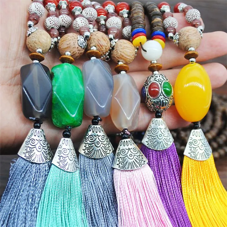 Women's Retro Ethnic Style Handmade Beaded Pendant Necklace - Cyan Tassel