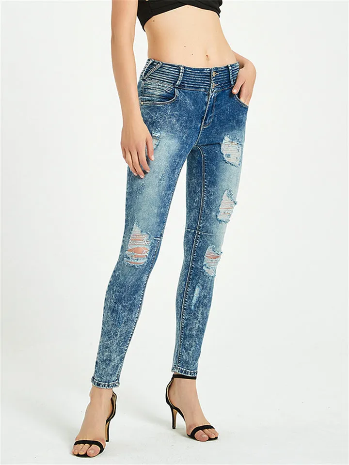 Women's Street Style Super Cool Ripped Denim Jeans for Motorcycle