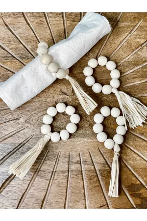 Wood Bead Napkin Rings with Raffia Tassel