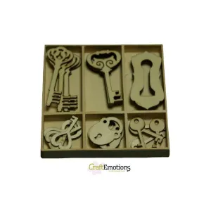 Wooden Ornament Decorations Embellishments Toppers 6 x Assorted Design Key Lock