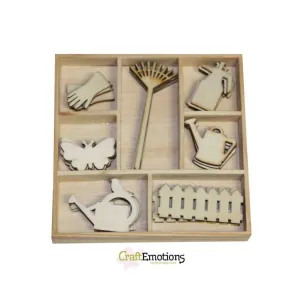 Wooden Ornament Decorations Embellishments Toppers 7 x Assorted Design Garden Tools