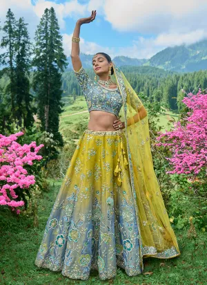 Yellow And Blue Multi Embroidery Wedding Lehenga Choli