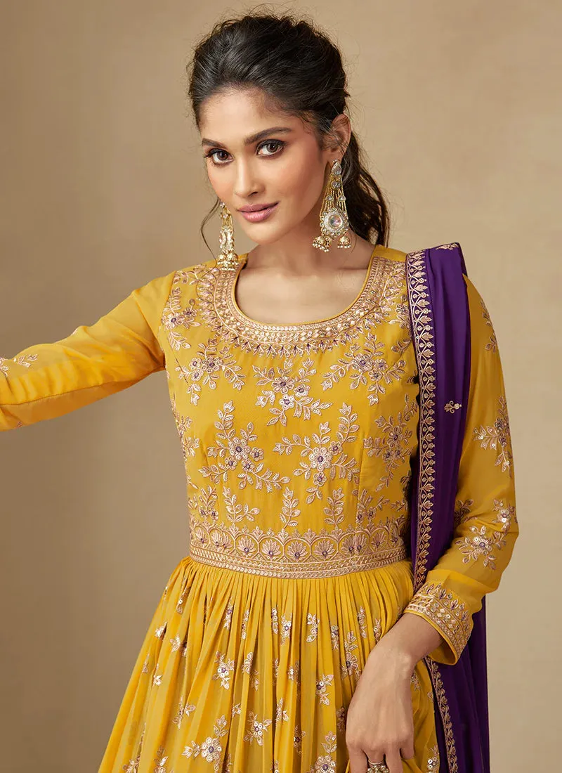 Yellow and Purple Embroidered Lehenga Choli