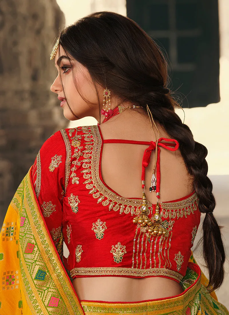 Yellow And Red Traditional Embroidered Silk Saree
