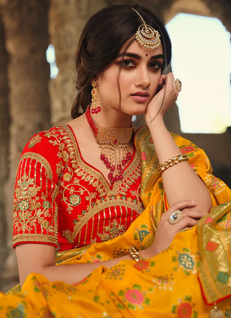 Yellow And Red Traditional Embroidered Silk Saree