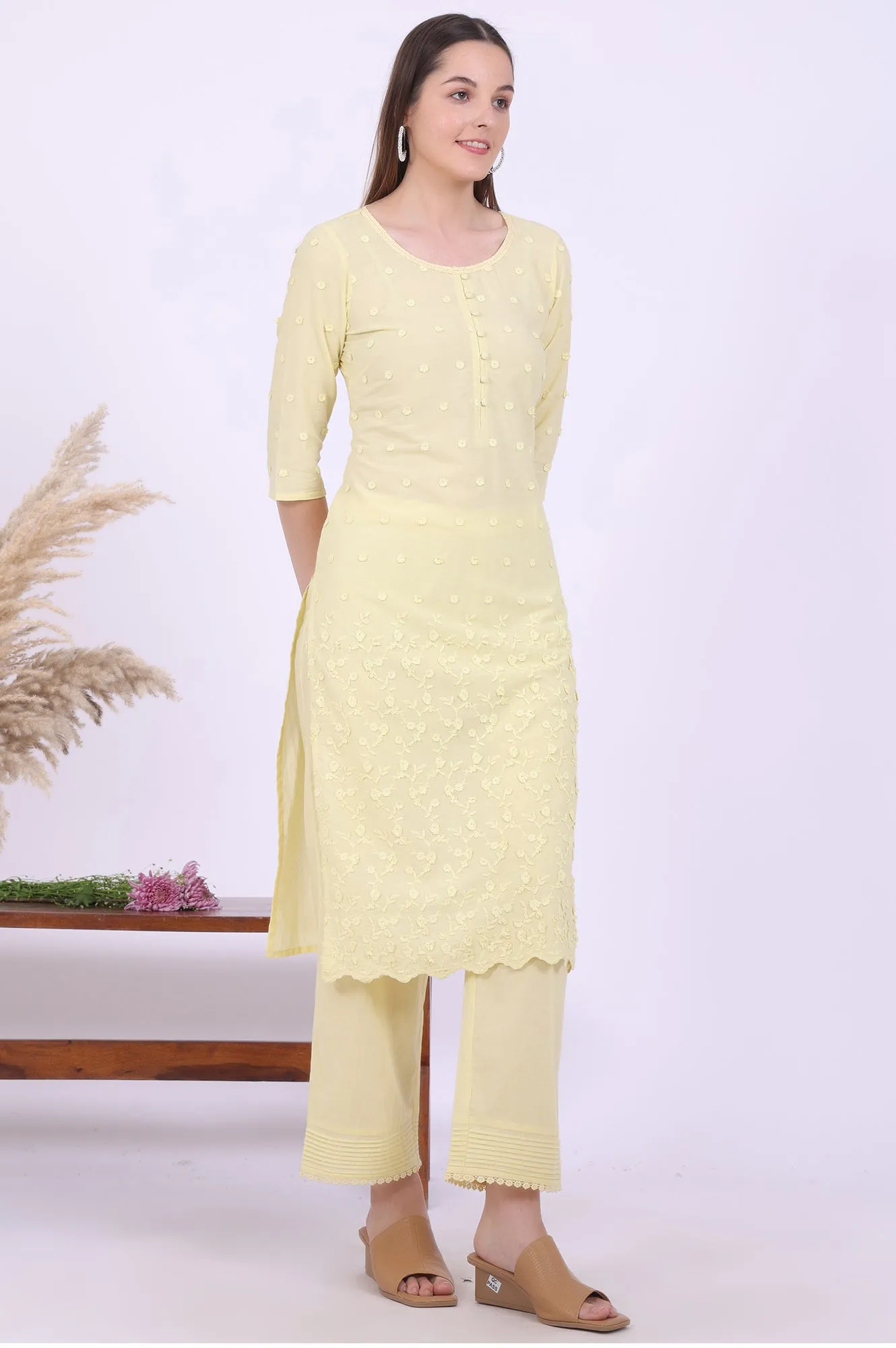 Yellow Embroidered Pure Cotton Straight Kurta with Palazzos & Dupatta Set