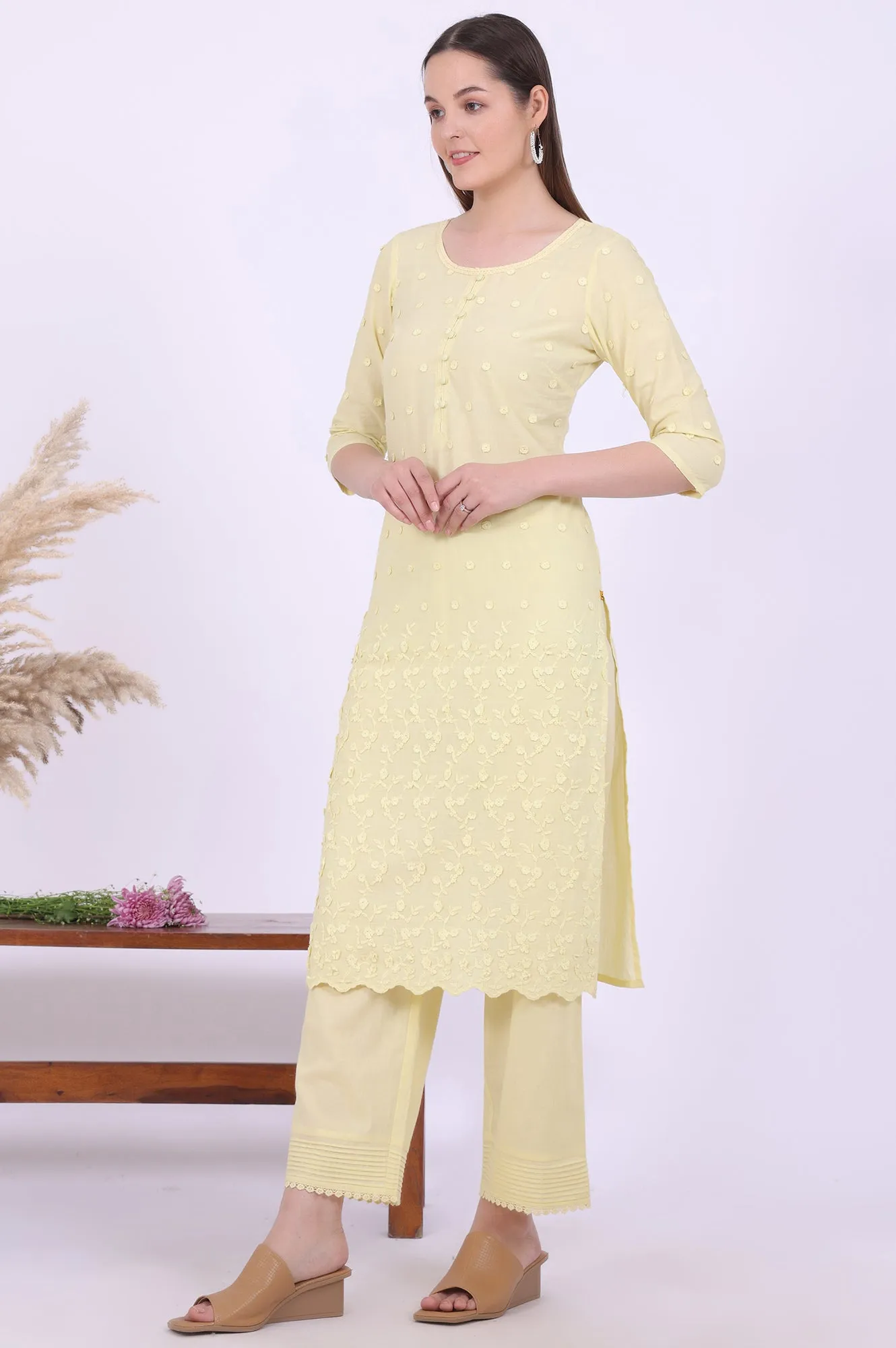 Yellow Embroidered Pure Cotton Straight Kurta with Palazzos & Dupatta Set