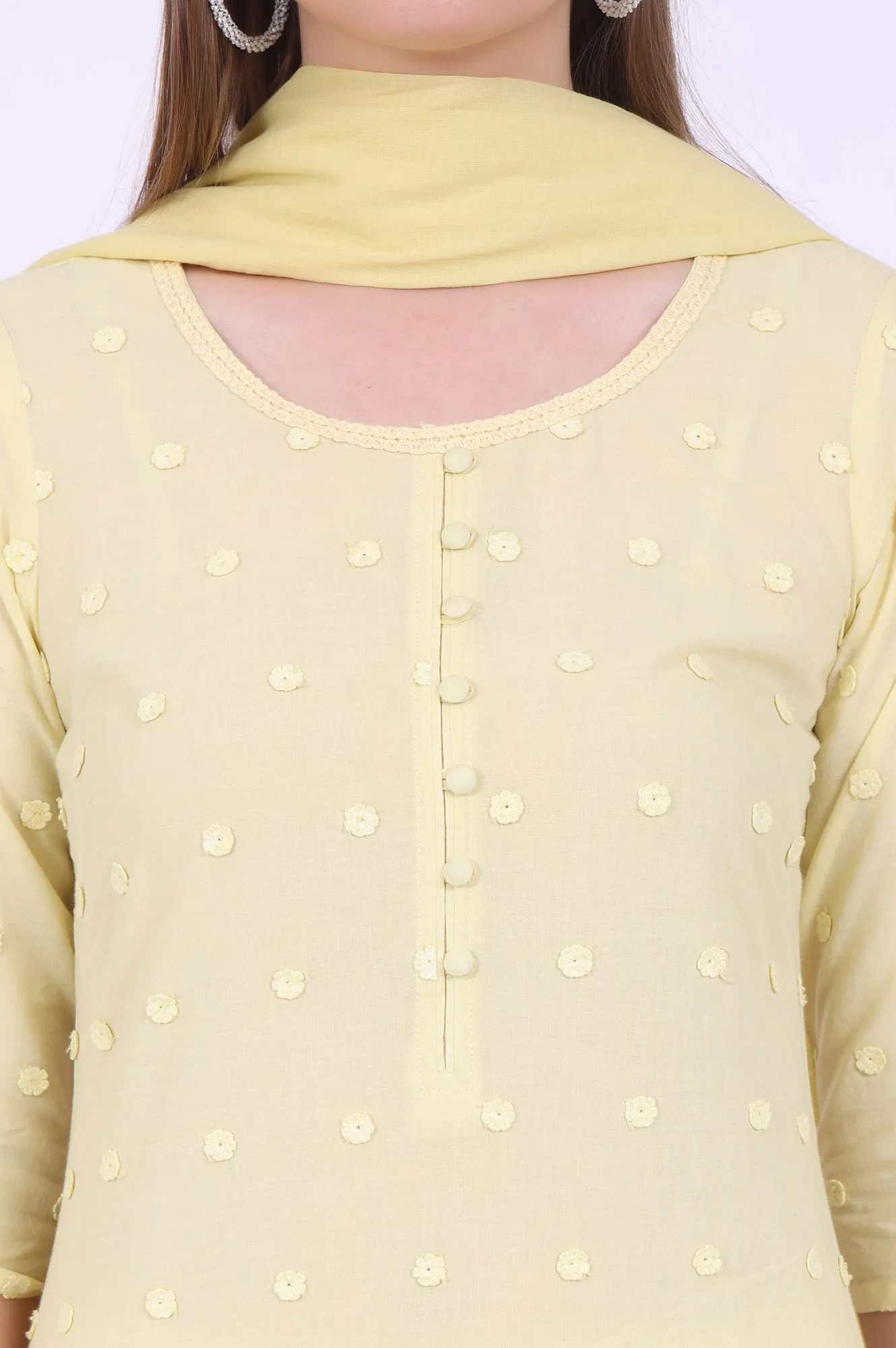 Yellow Embroidered Pure Cotton Straight Kurta with Palazzos & Dupatta Set