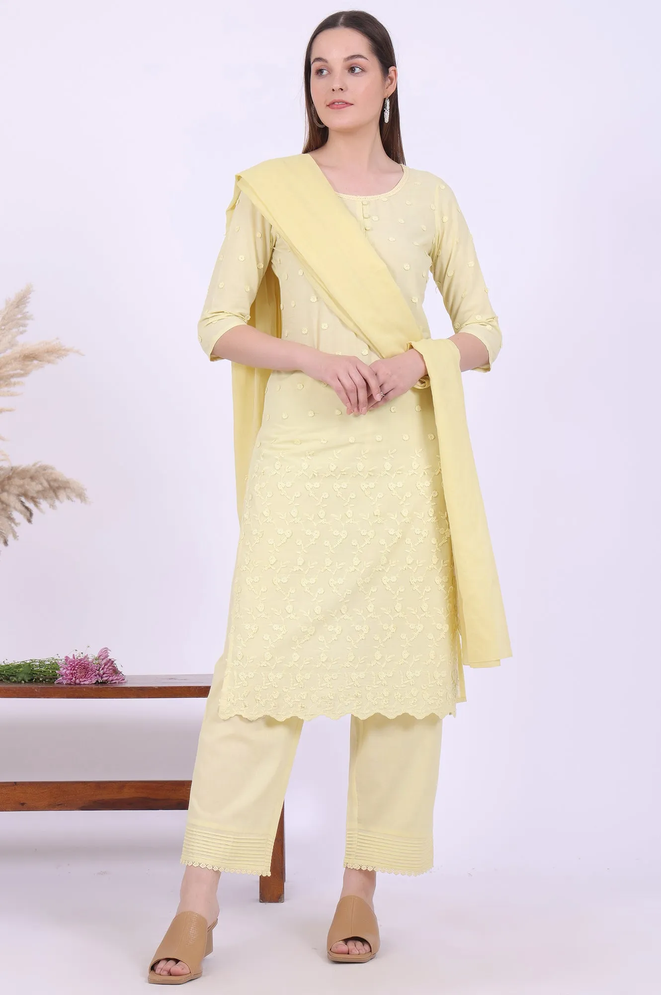 Yellow Embroidered Pure Cotton Straight Kurta with Palazzos & Dupatta Set