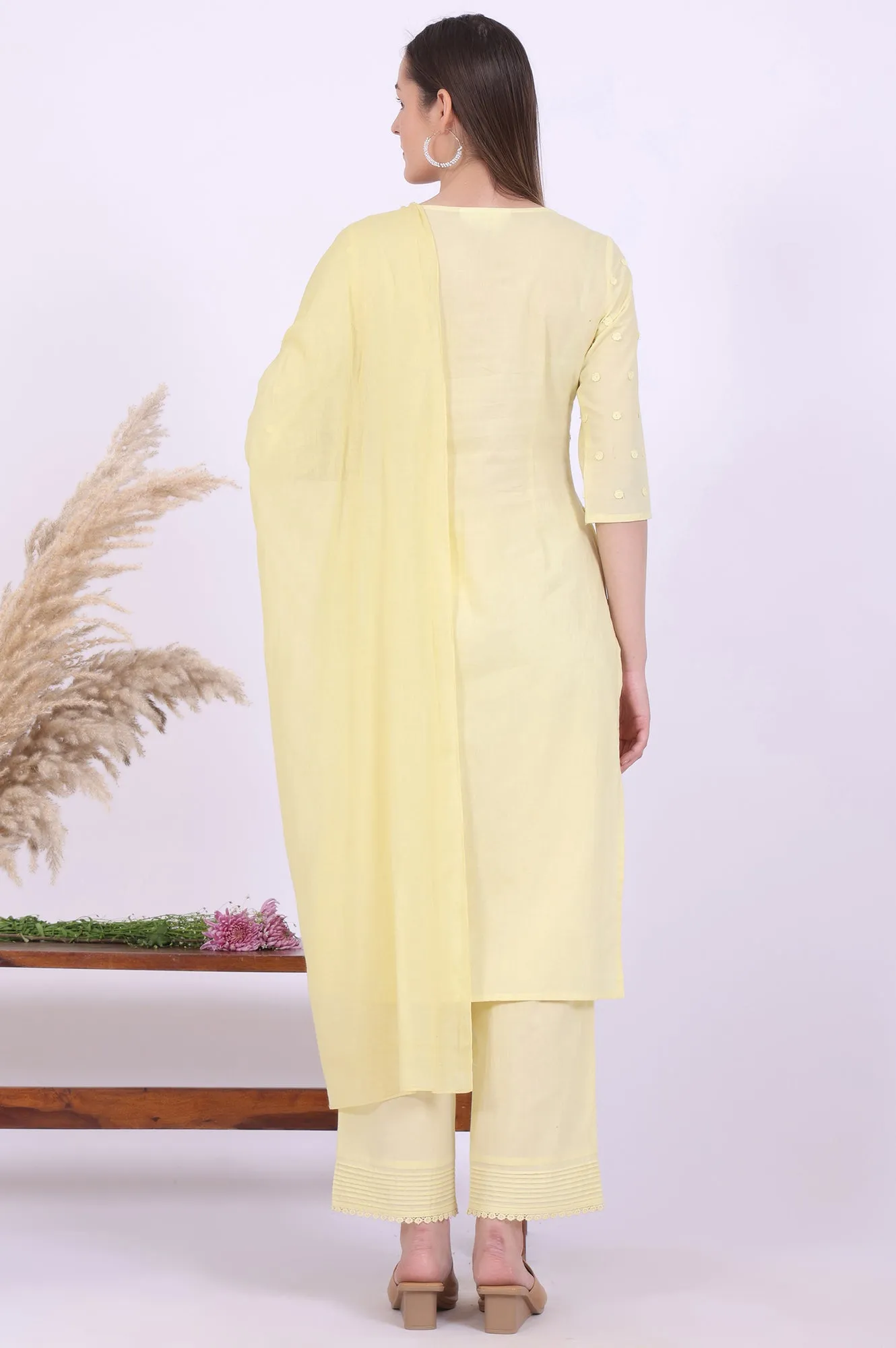 Yellow Embroidered Pure Cotton Straight Kurta with Palazzos & Dupatta Set