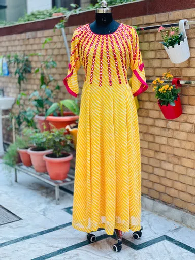 Yellow Embroidery Leheriya Maxi