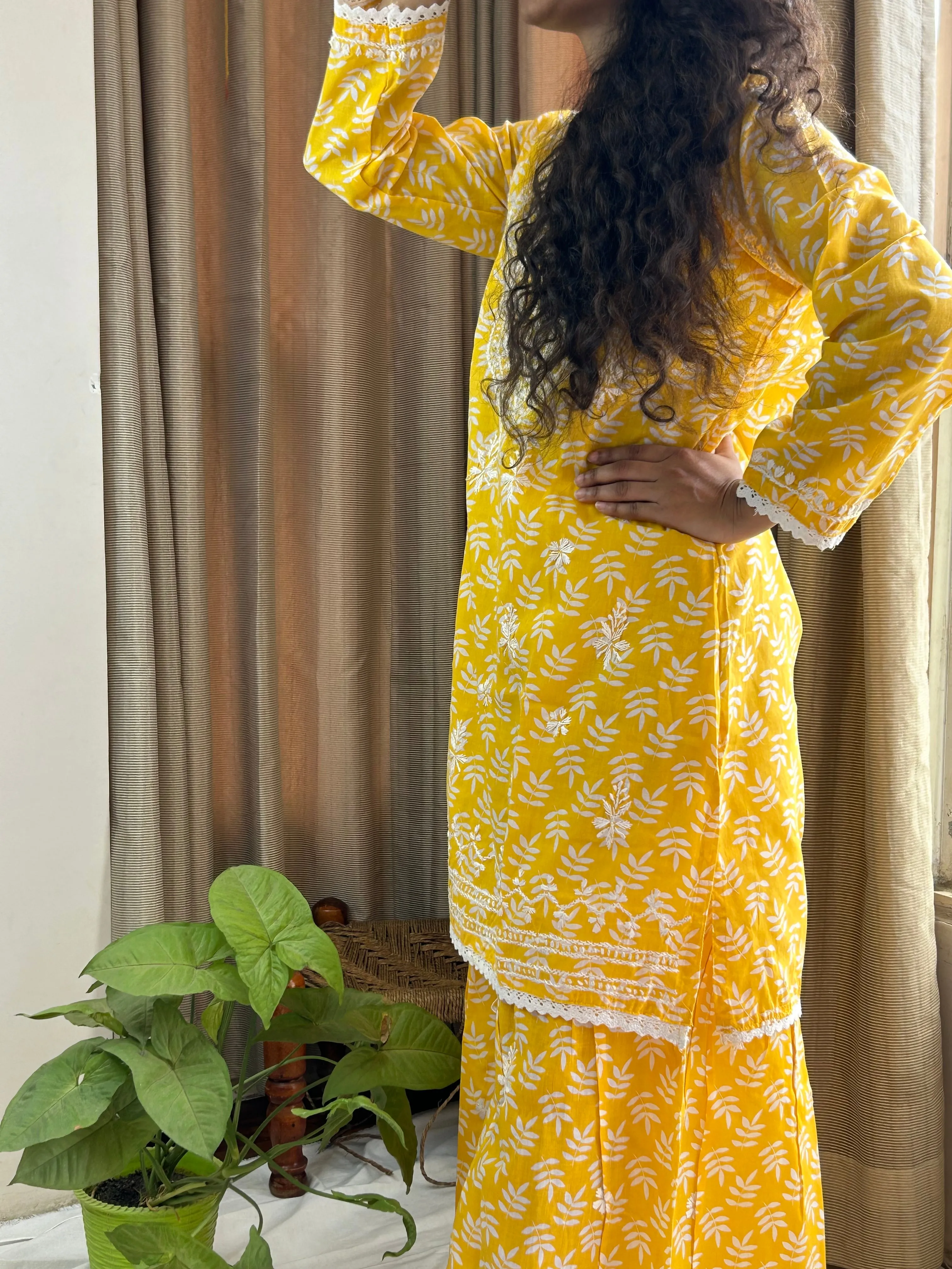 Yellow Floral Lucknowi Cotton Chikankari Sharara Set