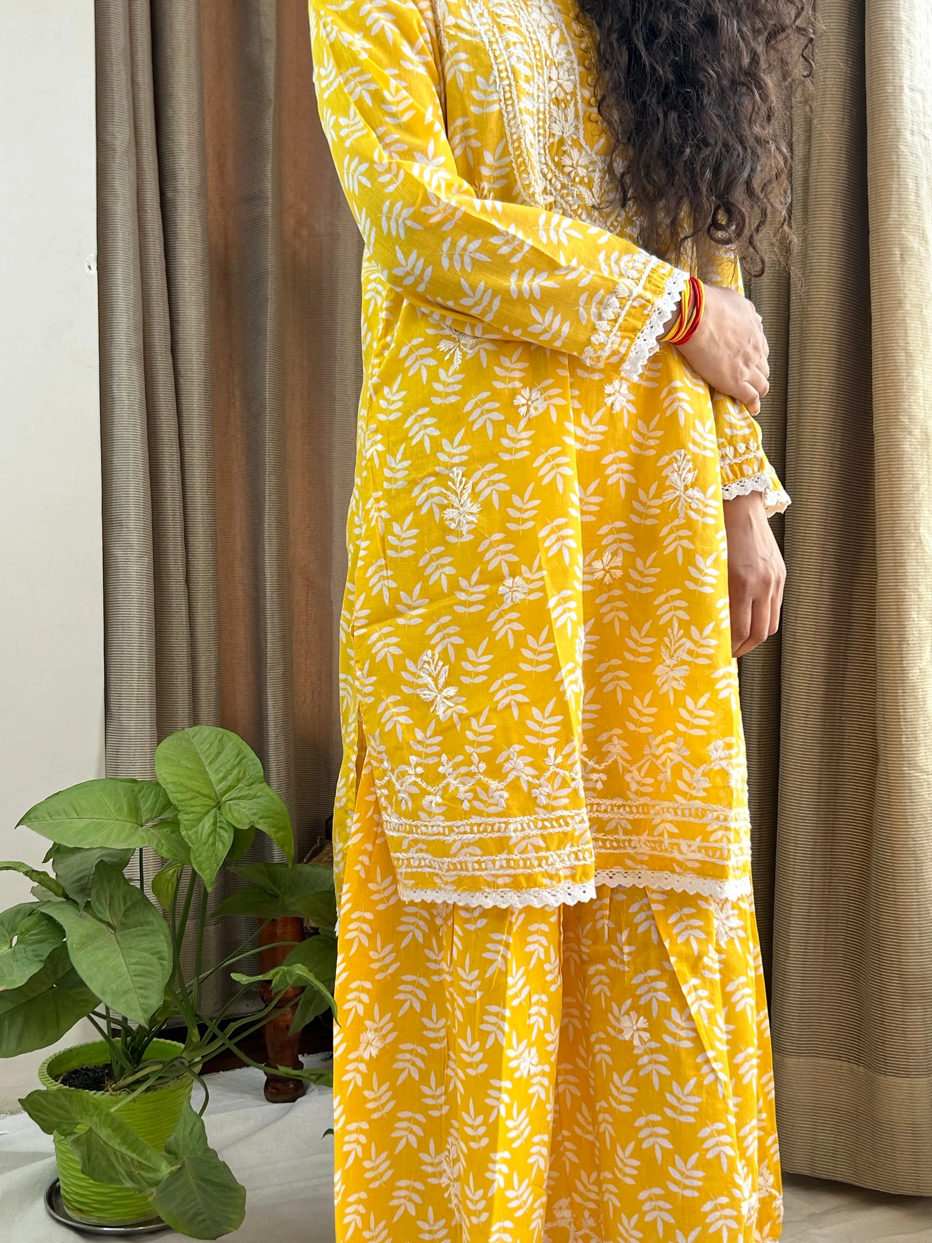Yellow Floral Lucknowi Cotton Chikankari Sharara Set
