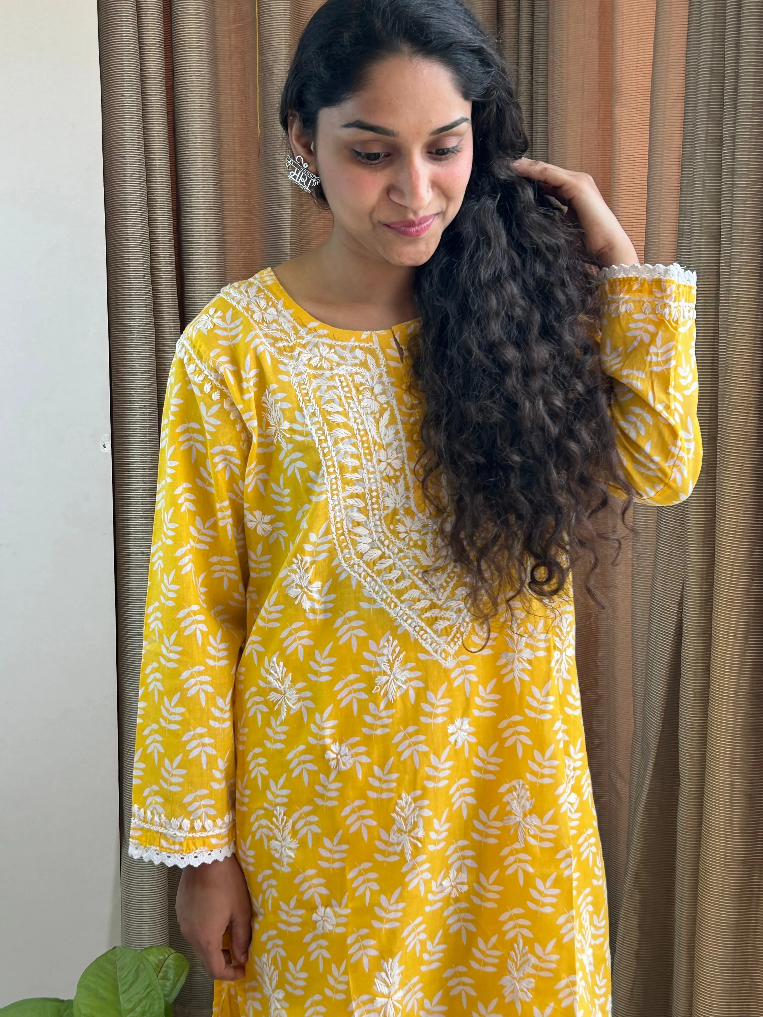Yellow Floral Lucknowi Cotton Chikankari Sharara Set