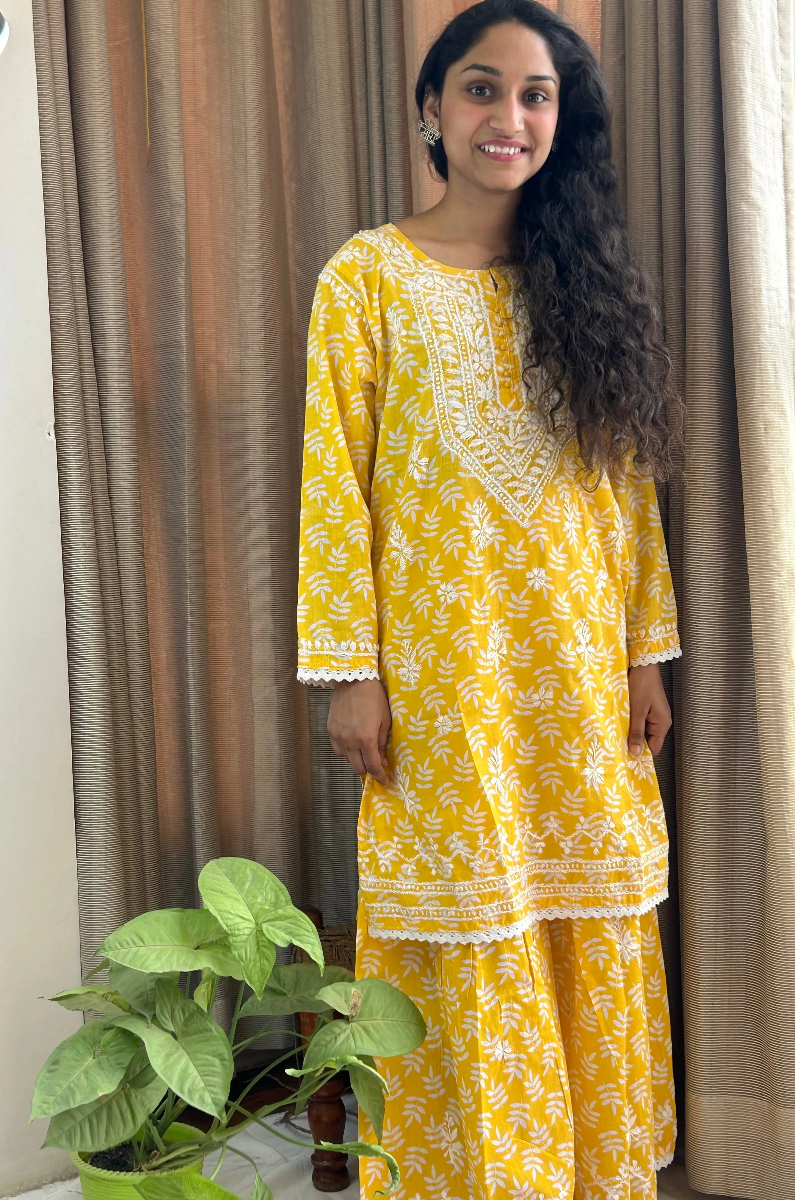 Yellow Floral Lucknowi Cotton Chikankari Sharara Set