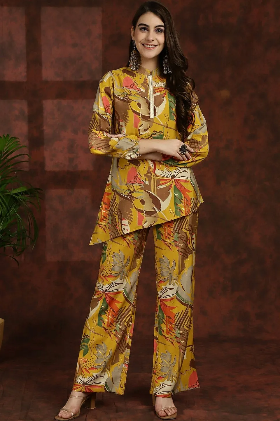 Yellow Floral Printed Tunic Palazzo Ethnic Co-Ord Set for Women | S-3XL | Claura