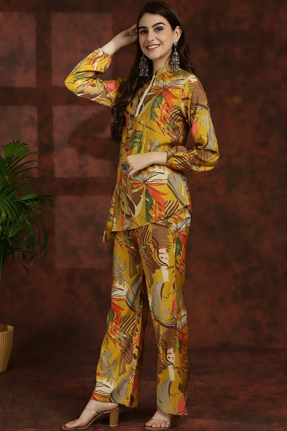 Yellow Floral Printed Tunic Palazzo Ethnic Co-Ord Set for Women | S-3XL | Claura