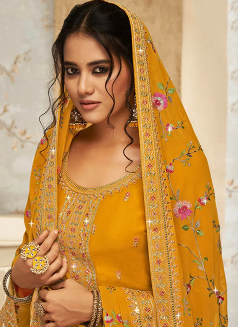 Yellow Multi Embroidery Traditional Palazzo Suit
