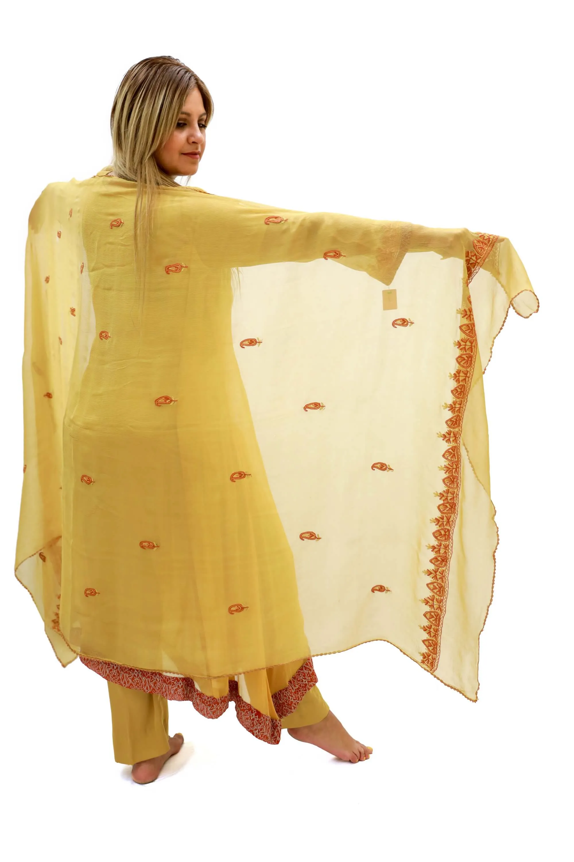 Yellow-Mustard Silk & Chiffon Salwar Kameez-Suit