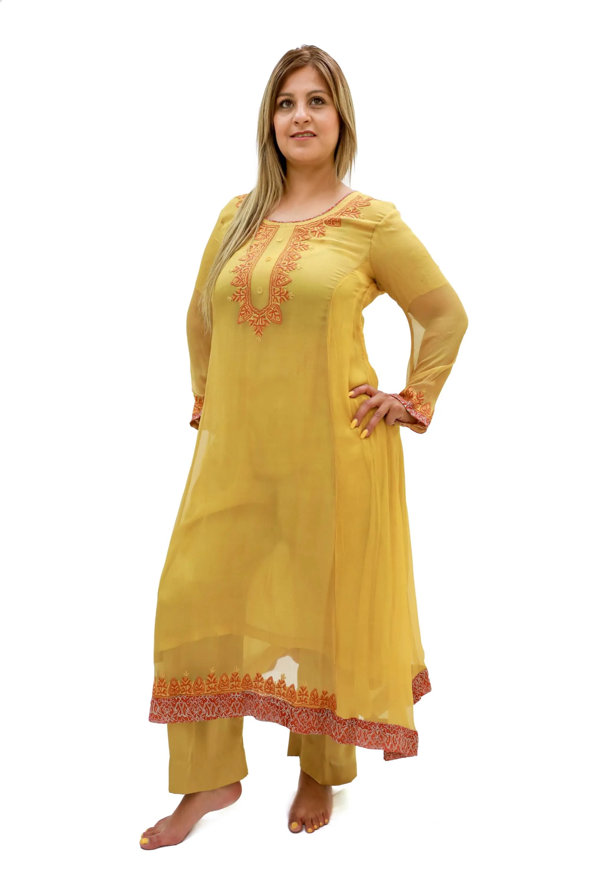 Yellow-Mustard Silk & Chiffon Salwar Kameez-Suit