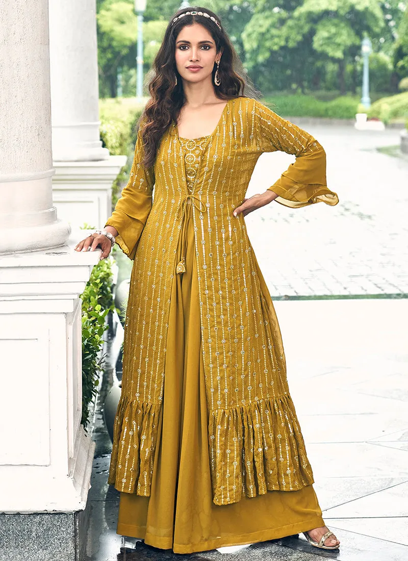 Yellow Sequence Embroidery Jacket Style Palazzo Suit