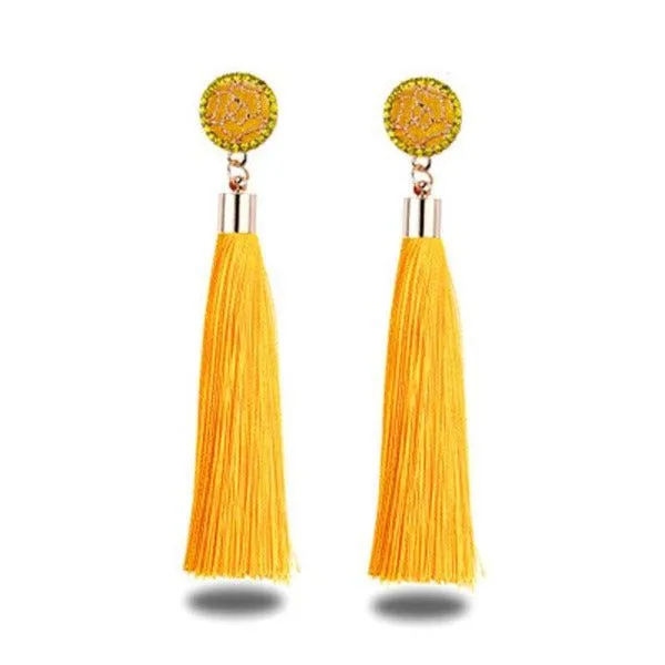 Yellow Tassel Fringe Rhinestone Earrings