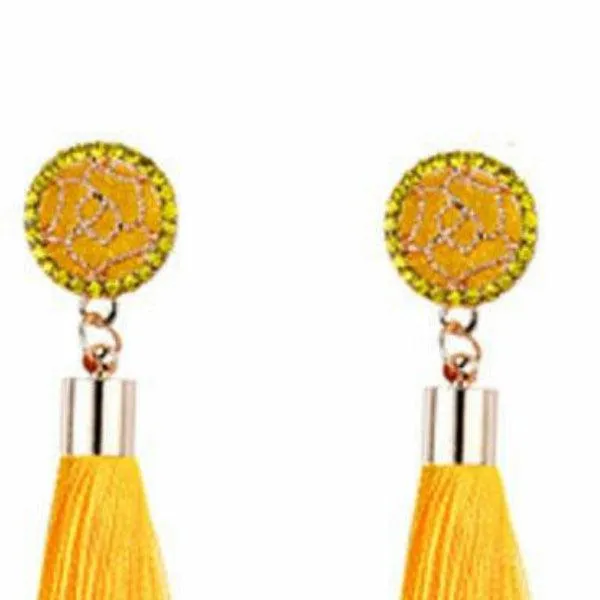 Yellow Tassel Fringe Rhinestone Earrings